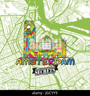 Amsterdam Reise Geheimnisse Art Map für die Zuordnung von Experten und Reiseführer. Handgemachte Stadt Logo, Typo-Abzeichen und Hand gezeichnete Vektorbild auf Top sind gruppiert Stock Vektor