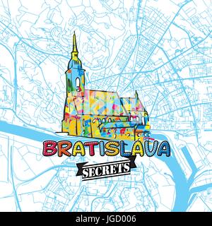 Bratislava Reisen Geheimnisse Art Map für die Zuordnung von Experten und Reiseführer. Handgemachte Stadt Logo, Typo-Abzeichen und Hand gezeichnete Vektorbild auf Top sind gruppiert Stock Vektor