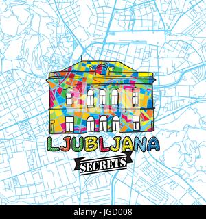 Ljubljana Reisen Geheimnisse Art Map für die Zuordnung von Experten und Reiseführer. Handgemachte Stadt Logo, Typo-Abzeichen und Hand gezeichnete Vektorbild auf Top sind gruppiert Stock Vektor