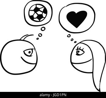 Cartoon-Vektor der Unterschied zwischen Mann und Frau denken Fußball fussball Ball und Herz-Symbol für Liebe und Beziehung Stock Vektor