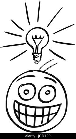 Cartoon-Vektor des Mannes mit leuchtenden Glühbirne über dem Kopf und mit sehr glücklichen Lächeln. Man habe gerade tolle Idee. Stock Vektor