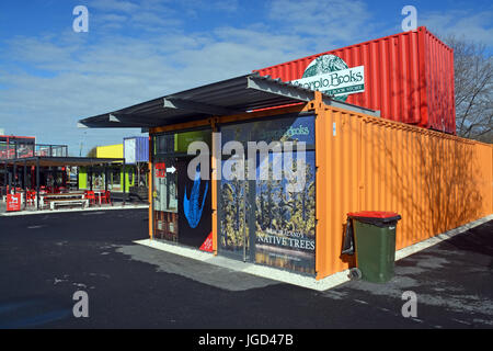 Christchurch, New Zealand - September 13, 2014:2014: Skorpion Bücher neu Container Shop wurde an das westliche Ende der Cashel Street Mall verlegt Stockfoto