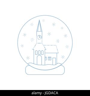 Vector Abbildung: Rathaus mit Uhr und das Haus innen Glaskugel mit Schnee. Design Element für Postkarte, Einladung, Banner oder Flyer i Stock Vektor