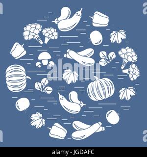 Satz von Herbst Saisongemüse im Kreis. Tomaten, Paprika, Zucchini und andere Herbst Gemüse für Ankündigung, Werbung, Flyer oder Banner. VECT Stock Vektor
