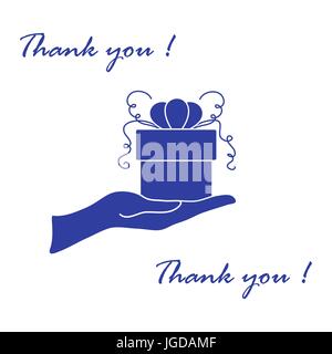 Niedliche Bild mit Hand, ein Geschenk und eine Inschrift: Ich danke Ihnen auf einem weißen Hintergrund. Stock Vektor