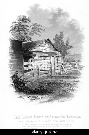 Kupferstich von der Außenseite der Kindheit Zuhause von Abraham Lincoln, 16. Präsident der Vereinigten Staaten, in Elizabethtown, Kentucky, 1834. Von der New York Public Library. Stockfoto