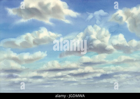 Sommerhimmel mit Wolken Aquarell Hintergrund Stockfoto