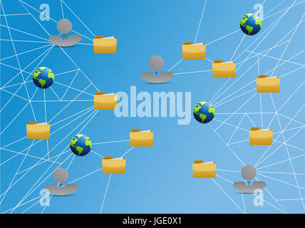 Menschen global Storage Link Netzwerkdiagramm über einem hellblauen Hintergrund Stockfoto