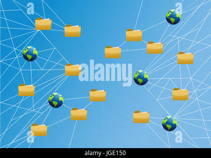 globale Speicherung Netzwerkdiagramm Link über einem hellblauen Hintergrund Stockfoto