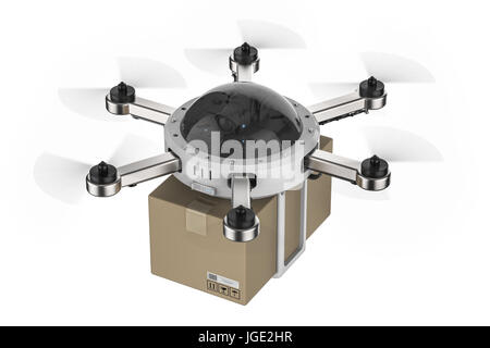 3D Rendering Lieferung Drohne fliegen mit Kartons isoliert auf weiss Stockfoto