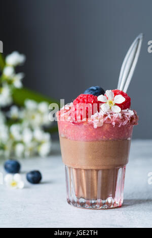 Vegan Mousse au Chocolat/Schokoladenpudding mit Himbeeren, Heidelbeeren und Kokosnuss im Glas Stockfoto