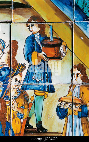 Azulejo. Polychrome katalanische Fliese. 17. Jahrhundert. Schokolade. Design Museum von Barcelona, Spanien. Stockfoto
