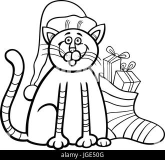 Schwarz / Weiß Cartoon Illustration der Katze oder Kätzchen Tier Charakter und Weihnachtssocke mit Geschenken Malbuch Stock Vektor