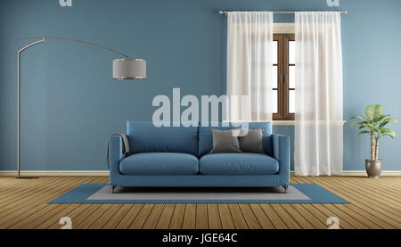 Blaues Zimmer mit weißen Vorhang - 3d Rendering, Holzfenster und modernes sofa Stockfoto