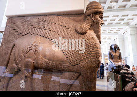 Menschen geleitet geflügelte Löwen von assyrischen Nimrud Palace, The British Museum, Great Russell Street, London, England, UK Stockfoto