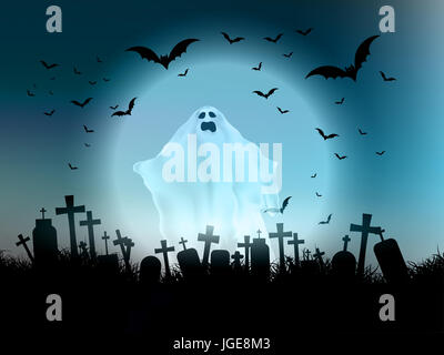 Halloween-Landschaft mit geisterhafte Figur und Friedhof Stockfoto