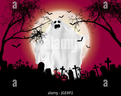 Halloween-Landschaft mit geisterhafte Figur und Friedhof Stockfoto