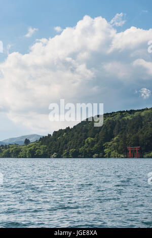 Frisches Grün und Hakone roten Torii Torbogen aus Lake Ashi in Hakone, Präfektur Kanagawa, Japan Stockfoto