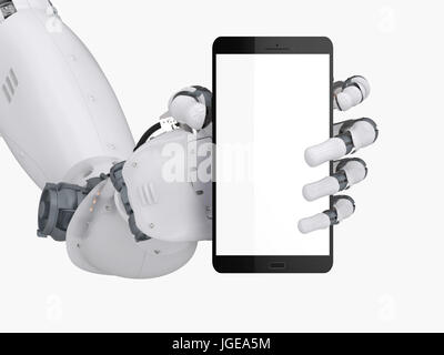 3D Rendering-Roboter-Hand, die hält leerer Bildschirm Handy isoliert auf weiß Stockfoto