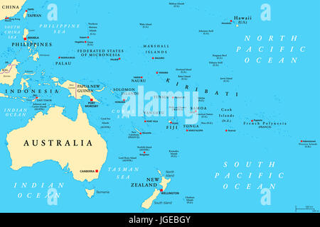 Oceania politische Karte. Region, zentriert auf zentralen Pazifik-Inseln. Melanesien, Mikronesien und Polynesien, einschließlich Australasien. Stockfoto