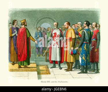 Vintage Farbe Lithographie von 1864 zeigt König Henry III. und sein Parlament. Heinrich III. (1 Oktober 1207 bis 16 November 1272) war der Sohn und Erfolg Stockfoto