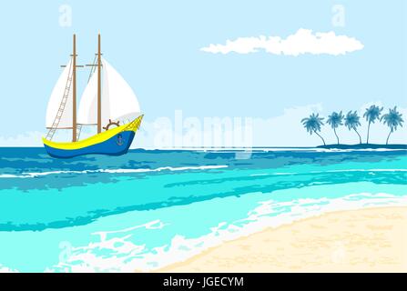 Sommer Meerblick mit Cartoon-Segelboot und Palmen-Insel. Meer Hintergrund für Flyer, Banner, Grußkarte und Einladung Stock Vektor