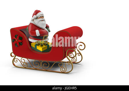 In einem schönen roten Schlitten Weihnachtsmann mit Geschenken-Box. Auf weißem Hintergrund dargestellt. 3D illustration Stockfoto