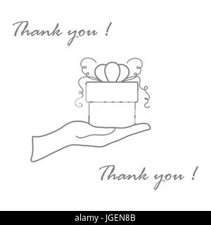 Niedliche Bild mit Hand, ein Geschenk und eine Inschrift: Ich danke Ihnen auf einem weißen Hintergrund. In Linienstil gemacht. Stock Vektor