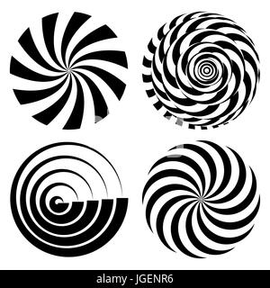 Radiale Spirale Strahlen festgelegt. Psychedelische Vektorgrafik. Verdrehte Dreheffekt. Wirbelnden Monochrome Formen. Schwarz / weiß-Vortex-Hintergrund. Hypnose in schwarz und weiß. Optical Art Illustration Stock Vektor