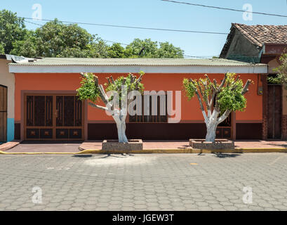 Ein rot lackiert altes Haus mit zwei Bäumen auf der Straße In der Innenstadt von Corinto Nicaragua Stockfoto