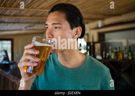 Nachdenklicher Mann wegsehen beim trinken Bier Bar Stockfoto