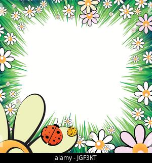 Foto Rahmen Sommer. Vektor-Illustration für Ihr Design. Marienkäfer, Insekten im Gras mit Gänseblümchen. Quadratisches Blatt Ausrichtung Stock Vektor