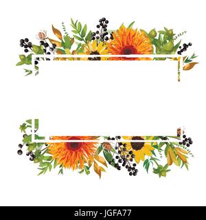 Vektor floralen Design horizontale Kartendesign. Gerbera orange Gänseblümchen Blumengarten Sonnenblume grüner Farn saisonalen Beeren Zweige Blätter Mix Gruß Gestaltu Stock Vektor