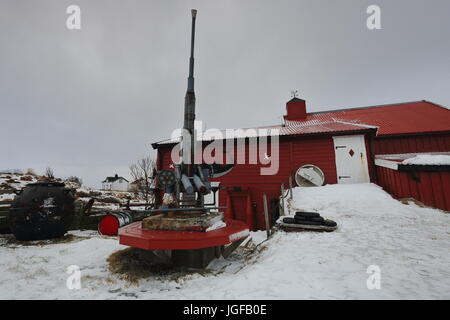 Flugabwehr-Maschinengewehr zusammen mit anderen Waffen im Garten von einem exzentrisch dekorierte rot-weißen Stadthaus in Nordmela-Andøya Insel gelegt-Lo Stockfoto