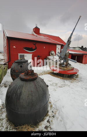 Flugabwehr-Maschinengewehr zusammen mit anderen Waffen im Garten von einem exzentrisch dekorierte rot-weißen Stadthaus in Nordmela-Andøya Insel gelegt-Lo Stockfoto