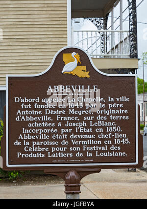 Louisiana, Abbeville, Vermilion Parish, historische Hinweisschild auf Französisch Stockfoto