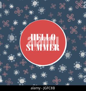 Hallo Sommerurlaub typografische Darstellung mit stilisierten kindisch Blumen in blau Stock Vektor