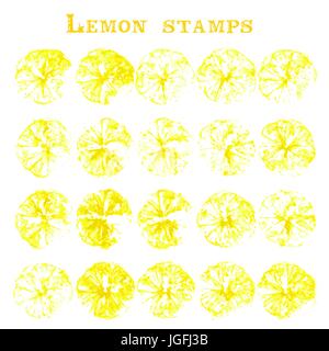 Satz von Zitrone Obst Briefmarken. Zitrone Markierungen auf dem Papier. Zitrone-Silhouette isoliert auf weißem Hintergrund Stock Vektor