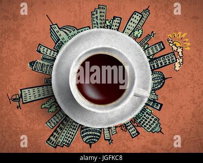 Kaffee-Obertasse Konzept - doodles Stadt mit Kaffee Becher Stock Vektor