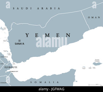 Jemen politische Karte mit Hauptstadt Sanaa. Republik und arabischen Land im westlichen Asien und mittleren Osten auf der arabischen Halbinsel. Graue Abbildung. Stockfoto