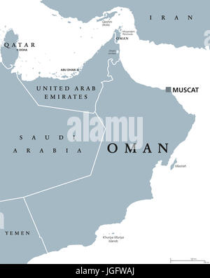 Oman politische Karte mit Hauptstadt Muscat. Sultanat und arabischen Land im westlichen Asien und mittleren Osten auf der arabischen Halbinsel. Graue Abbildung. Stockfoto