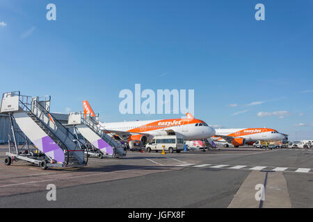 EasyJet-Flugzeuge am Flughafen London Luton, Luton, Bedfordshire, England, Vereinigtes Königreich Stockfoto