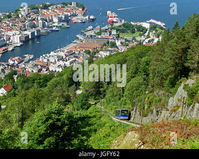 Beeindruckenden Bergen Blick auf den Hafen und die Standseilbahn oder Floibanen Überschrift auf den Gipfel des Mount Floyen, Bergen, Norwegen Stockfoto