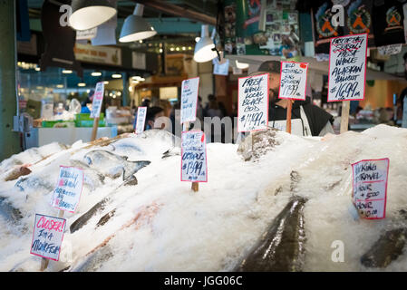 Berühmte gefälschte Seeteufel Streich am Pike Place Fischmarkt Stockfoto