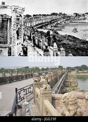 (170706)--Peking, 6. Juli 2017 (Xinhua)--der obere Teil des kombinierten Fotos zeigt provozierte Brücke von japanischen Invasoren (Datei) besetzt. Der untere Teil von Zhang Chenlin genommen zeigt die Brücke in Peking am 3. Juli 2017. China war die erste Nation zum Kampf gegen faschistische Kräfte. Der Kampf begann am 18. September 1931, als japanische Truppen ihre Invasion in Nordostchina begannen. Es wurde intensiviert, als umfassende Invasion Japans nach einem entscheidenden Access Point begann nach Peking, provozierte Brücke, auch bekannt als Marco Polo am 7. Juli 1937 durch japanische Truppen angegriffen wurde. (Xinhua) (Mcg) Stockfoto