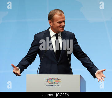 Hamburg, Deutschland. 7. Juli 2017. EU-Ratspräsident Donald Tusk besucht eine Pressekonferenz vor dem G20-Gipfel in Hamburg, Deutschland, am 7. Juli 2017. Bildnachweis: Luo Huanhuan/Xinhua/Alamy Live-Nachrichten Stockfoto