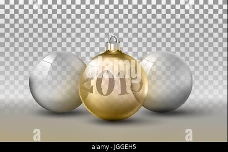 Glänzendes Glas transparent Weihnachten Spielzeug Vorlage. Drei Weihnachtskugeln auf Hintergrund. Silber und Gold Jahr 2018 Dekoration, realistischen Elementen. Stock Vektor