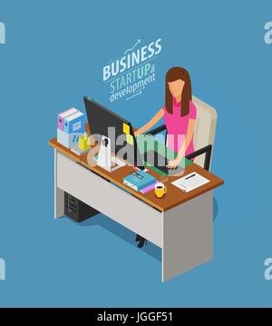 Business-Konzept. Mädchen, Frau, sitzt am Schreibtisch mit Computer. Kaufmännische Angestellte, Arbeit, Arbeitsplatz-Symbol. Flache Vektor-illustration Stock Vektor