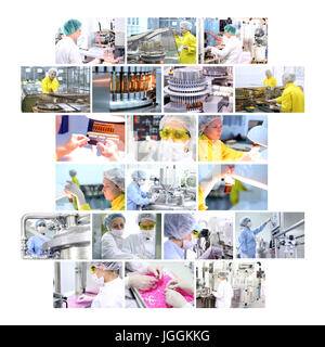 Industrielle Collage zeigt Arbeitnehmer bei der Arbeit auf die Produktion von Medikamenten in Pharmafabrik - Impfstoffe, Medikamente in Tabletten, Kapseln, Ampullen, Registerkarte " Stockfoto