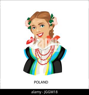 Digital vector lustige Cartoon lächelnd Polen Frau in Tracht mit Perlen, Blumen im Haar, abstrakte flachen Stil Stock Vektor